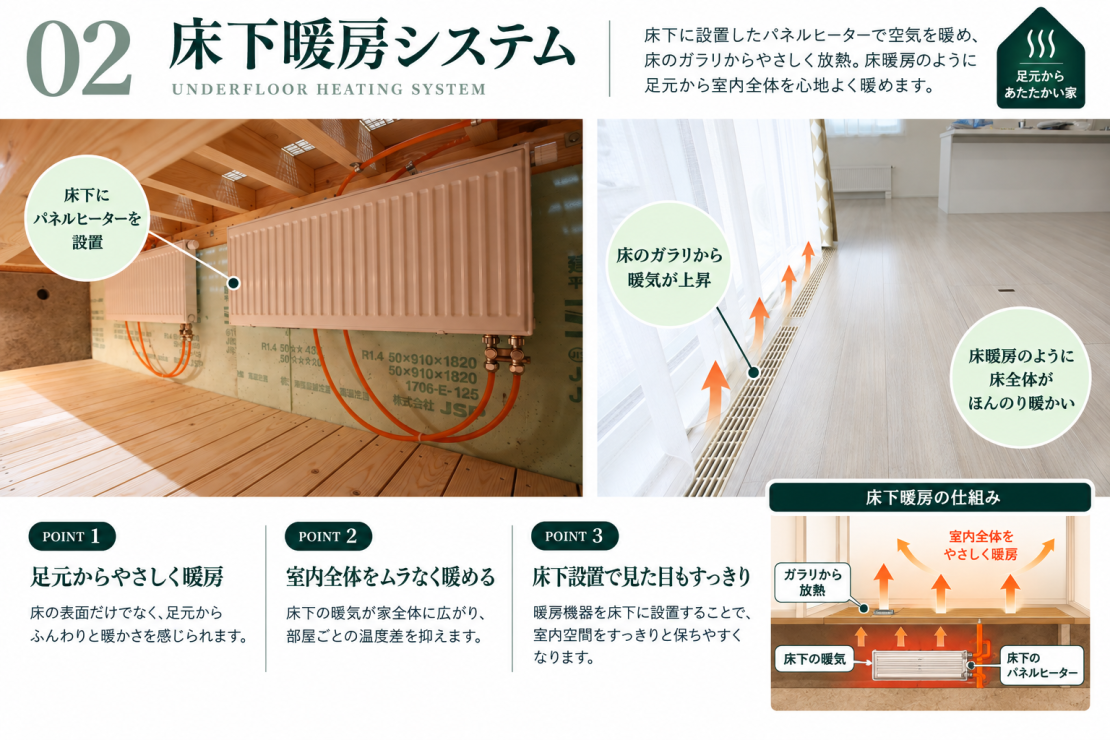 Hipの床下暖房システム 床下のパネルヒーターと床ガラリで暖める仕組み