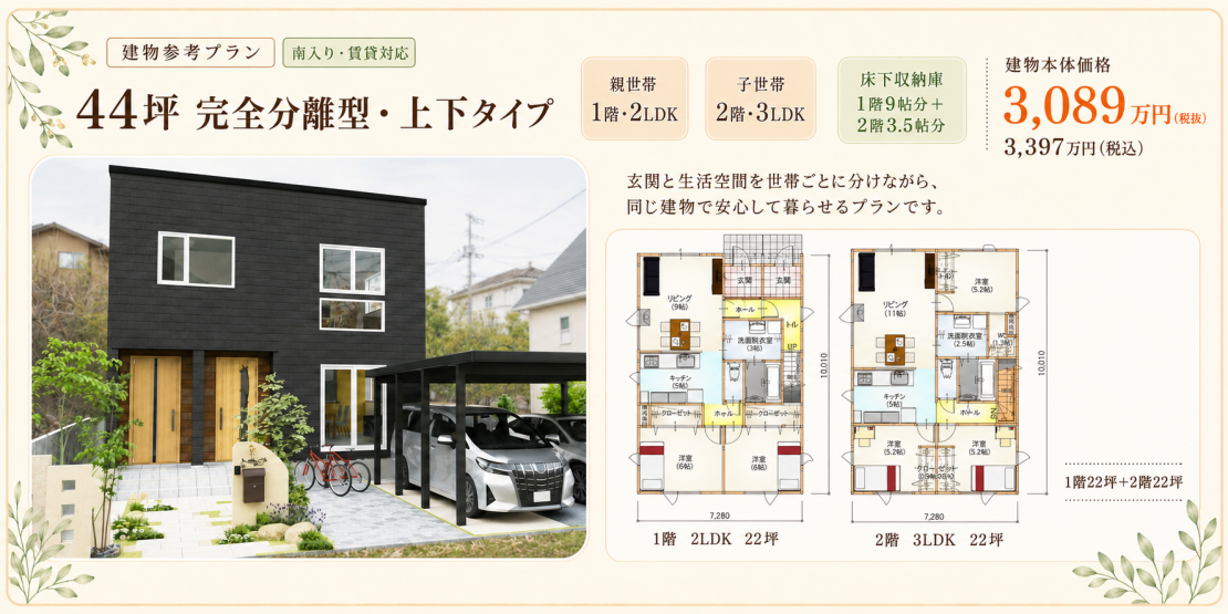 ユメリエ規格住宅の参考プランです。44坪南入り